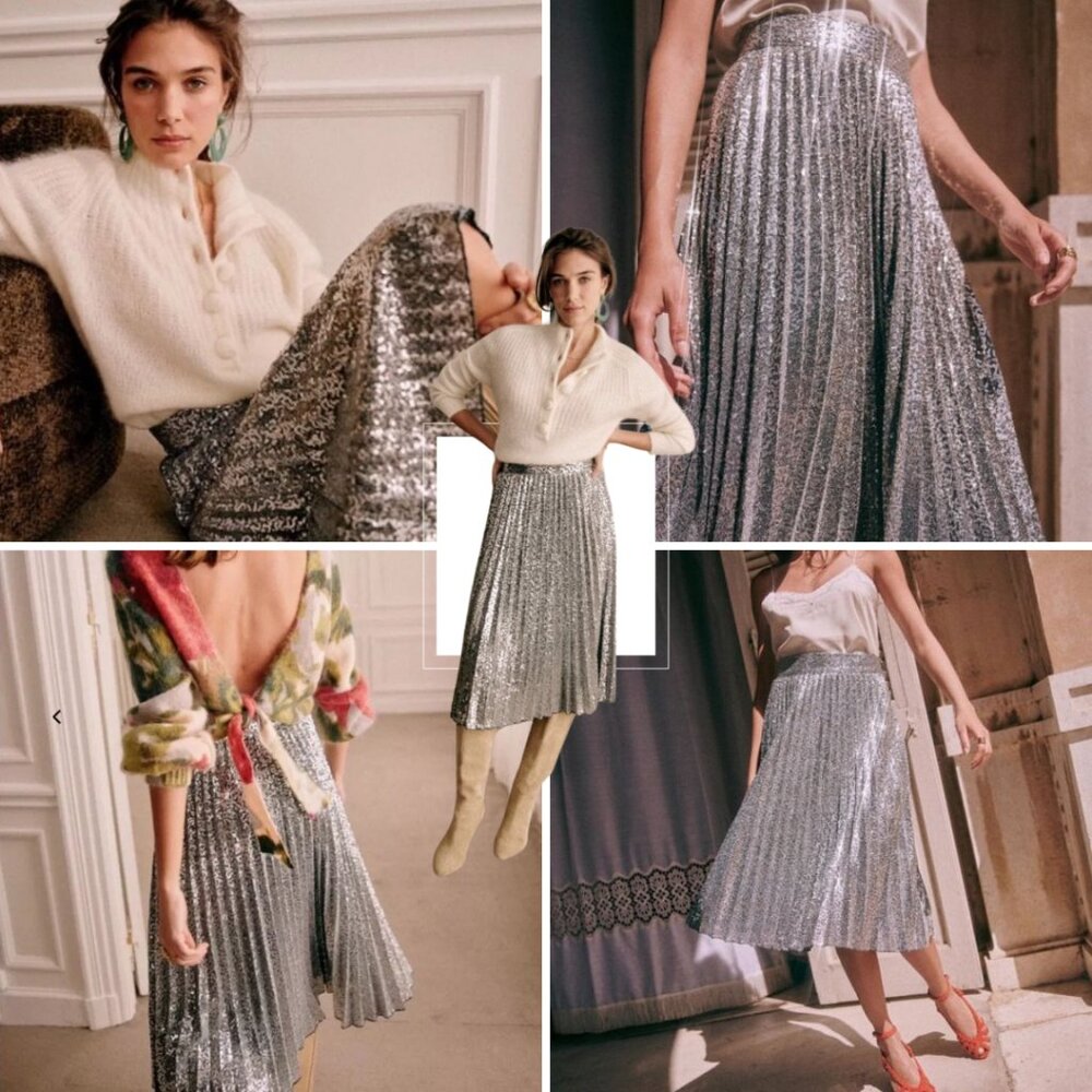 NWT SEZANE PLEATED DINO SKIRT SILVER SEQUIN US SIZE 8